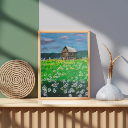 Beautiful white daisy field and a farmhouse on a rainy day painted on paper and framed, ready to hang with metal hook or can keep it in windowsill. acrylic paints on paper and brush strokes to crate this lovely painting. small painting suitable for kitchen, TV room, doorway and study 