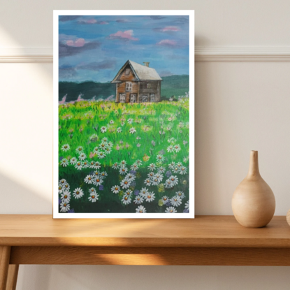 Beautiful white daisy field and a farmhouse on a rainy day painted on paper and framed, ready to hang with metal hook or can keep it in windowsill. acrylic paints on paper and brush strokes to crate this lovely painting. small painting suitable for kitchen, TV room, doorway and study 