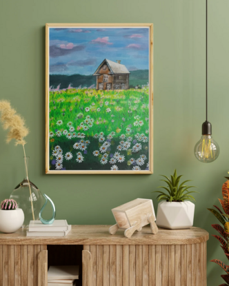 Beautiful white daisy field and a farmhouse on a rainy day painted on paper and framed, ready to hang with metal hook or can keep it in windowsill. acrylic paints on paper and brush strokes to crate this lovely painting. small painting suitable for kitchen, TV room, doorway and study 