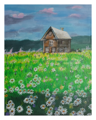 Beautiful white daisy field and a farmhouse on a rainy day painted on paper and framed, ready to hang with metal hook or can keep it in windowsill. acrylic paints on paper and brush strokes to crate this lovely painting. small painting suitable for kitchen, TV room, doorway and study 