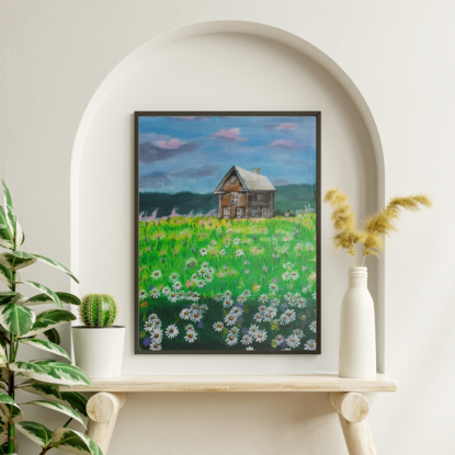 Beautiful white daisy field and a farmhouse on a rainy day painted on paper and framed, ready to hang with metal hook or can keep it in windowsill. acrylic paints on paper and brush strokes to crate this lovely painting. small painting suitable for kitchen, TV room, doorway and study 