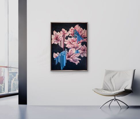 2 blue jays sitting among large pink magnolia blossoms against a charcoal background