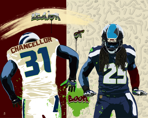 Legion of Boom
This artwork was a collaboration for the opening of The New Legion Restaurant Bar and Grill, brought to us by ex-Seahawk players Richard Sherman and Cam Chancellor. In this painting, I wanted to capture their transition from the field to the restaurant business, with Richard in the classic Seahawk colors and Cam in the New Legion restaurant colors. The last time I was with Cam, we laughed about how he and Richard used to do that little dance when they scored touchdowns, just as I depicted in the painting.

