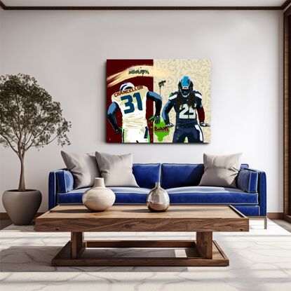 Legion of Boom
This artwork was a collaboration for the opening of The New Legion Restaurant Bar and Grill, brought to us by ex-Seahawk players Richard Sherman and Cam Chancellor. In this painting, I wanted to capture their transition from the field to the restaurant business, with Richard in the classic Seahawk colors and Cam in the New Legion restaurant colors. The last time I was with Cam, we laughed about how he and Richard used to do that little dance when they scored touchdowns, just as I depicted in the painting.

