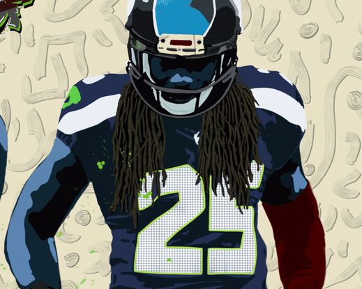 Legion of Boom
This artwork was a collaboration for the opening of The New Legion Restaurant Bar and Grill, brought to us by ex-Seahawk players Richard Sherman and Cam Chancellor. In this painting, I wanted to capture their transition from the field to the restaurant business, with Richard in the classic Seahawk colors and Cam in the New Legion restaurant colors. The last time I was with Cam, we laughed about how he and Richard used to do that little dance when they scored touchdowns, just as I depicted in the painting.

