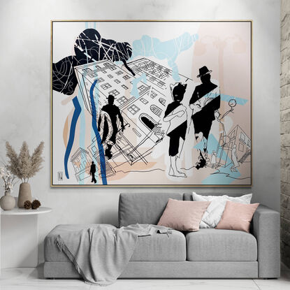 Extra Large black line art image with pops of colour and landscape & architecture imagery.