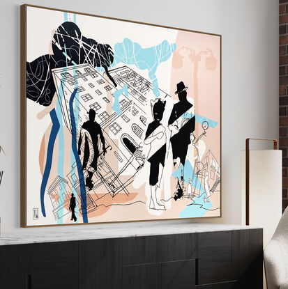 Extra Large black line art image with pops of colour and landscape & architecture imagery.