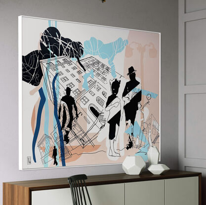 Extra Large black line art image with pops of colour and landscape & architecture imagery.