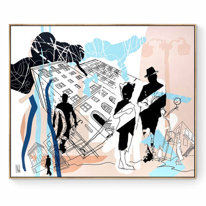 Extra Large black line art image with pops of colour and landscape & architecture imagery.