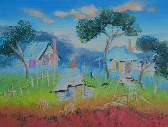 Australian landscape with houses,  gum trees and animals.