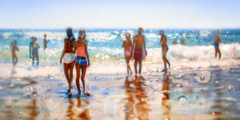 ABSTRACT impressionism of people on a warm sunny beach. the painting is blurred as one's eyes typically see long distance... however the figures and beach are clearly the subject of the painting