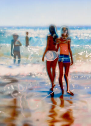 ABSTRACT impressionism of people on a warm sunny beach. the painting is blurred as one's eyes typically see long distance... however the figures and beach are clearly the subject of the painting