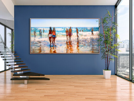 ABSTRACT impressionism of people on a warm sunny beach. the painting is blurred as one's eyes typically see long distance... however the figures and beach are clearly the subject of the painting