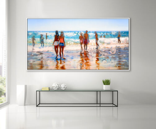 ABSTRACT impressionism of people on a warm sunny beach. the painting is blurred as one's eyes typically see long distance... however the figures and beach are clearly the subject of the painting