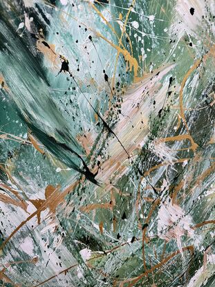 Energetic large brush strokes with fun splatters in metallic gold, white and dark green 