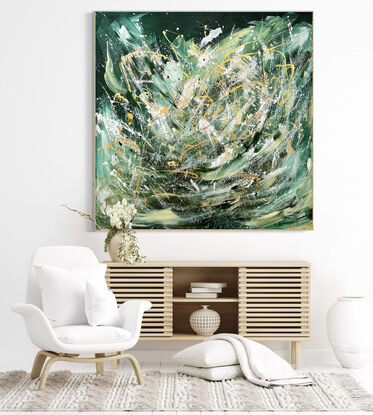 Energetic large brush strokes with fun splatters in metallic gold, white and dark green 