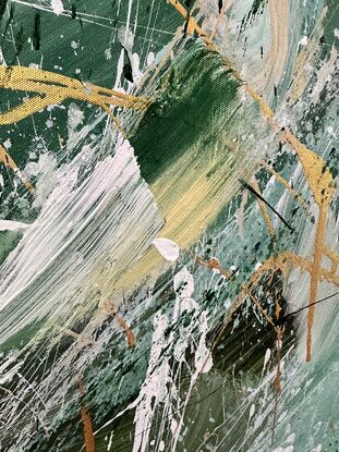 Energetic large brush strokes with fun splatters in metallic gold, white and dark green 