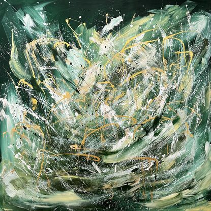 Energetic large brush strokes with fun splatters in metallic gold, white and dark green 