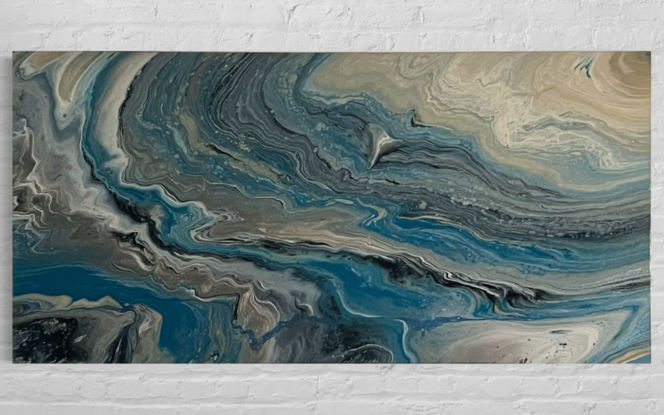 Acrylic pour painting titled "Ocean of Dreams" featuring a swirling, fluid pattern in shades of blue, grey, and beige. The artwork showcases marbled textures and organic shapes that evoke the tranquil and mysterious beauty of ocean currents and underwater landscapes.