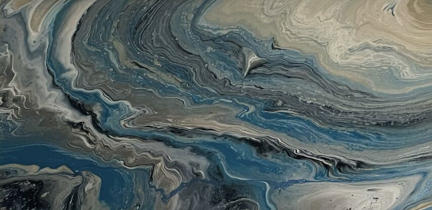 Acrylic pour painting titled "Ocean of Dreams" featuring a swirling, fluid pattern in shades of blue, grey, and beige. The artwork showcases marbled textures and organic shapes that evoke the tranquil and mysterious beauty of ocean currents and underwater landscapes.