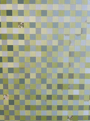 A gradient grid of greens and blues, from dark to light, with floral origami paper scattered throughout as highlights.