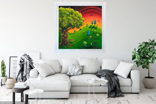 Whimsica landscape with big Tree, Houses, Animals, Hill, Sunset, Giclee print