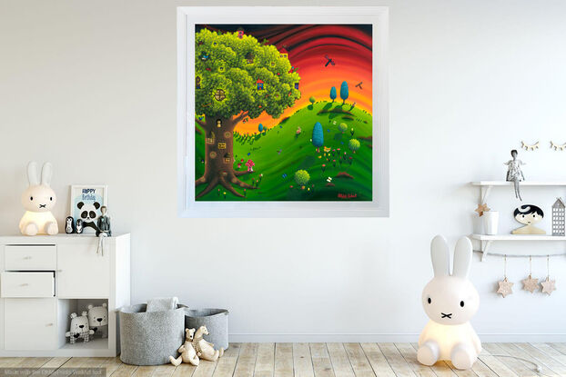 Whimsica landscape with big Tree, Houses, Animals, Hill, Sunset, Giclee print