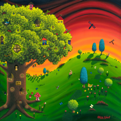 Whimsica landscape with big Tree, Houses, Animals, Hill, Sunset, Giclee print