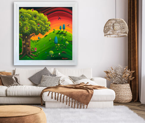 Whimsica landscape with big Tree, Houses, Animals, Hill, Sunset, Giclee print