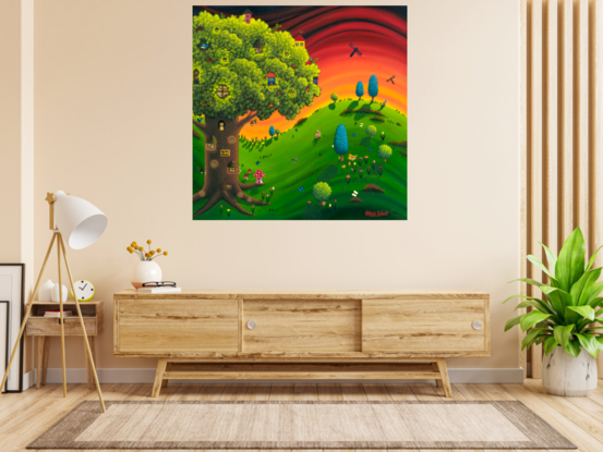 Whimsica landscape with big Tree, Houses, Animals, Hill, Sunset, Giclee print