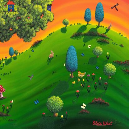 Whimsica landscape with big Tree, Houses, Animals, Hill, Sunset, Giclee print