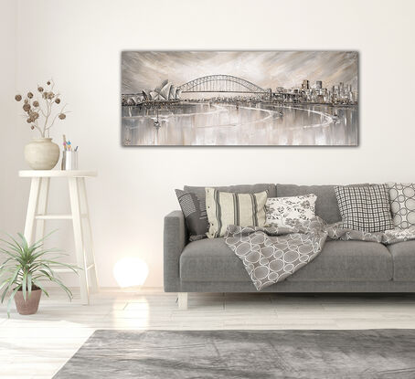 Sydney Skyline is a semi abstract painting of Sydney's City skyline and has a real serene feel to it.  It has soft and neutral tones with a hint of ochre throughout.  It is a very peaceful and calm addition to any space.