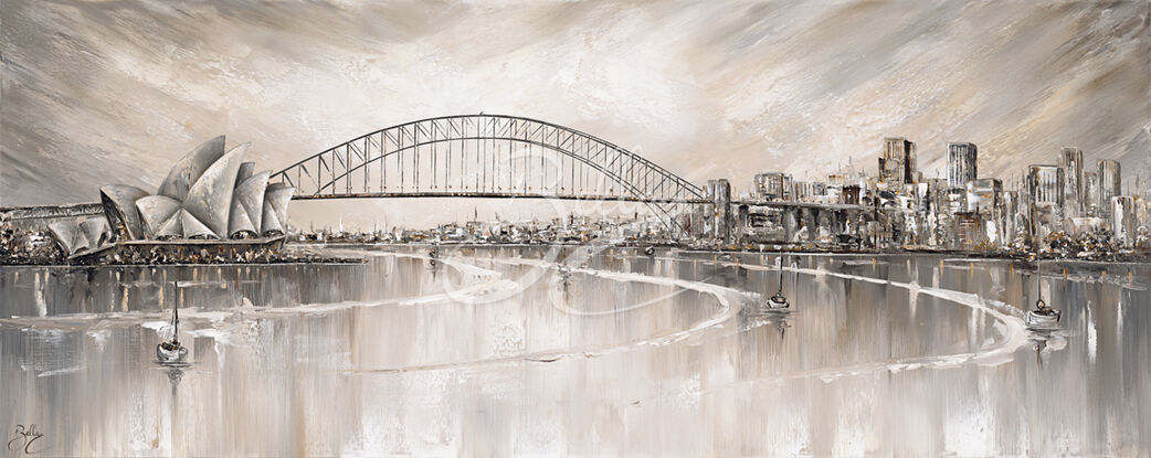 Sydney Skyline is a semi abstract painting of Sydney's City skyline and has a real serene feel to it.  It has soft and neutral tones with a hint of ochre throughout.  It is a very peaceful and calm addition to any space.