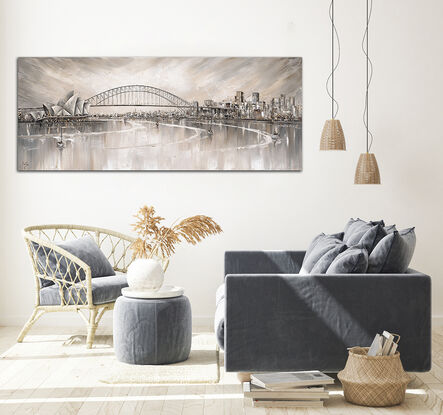 Sydney Skyline is a semi abstract painting of Sydney's City skyline and has a real serene feel to it.  It has soft and neutral tones with a hint of ochre throughout.  It is a very peaceful and calm addition to any space.