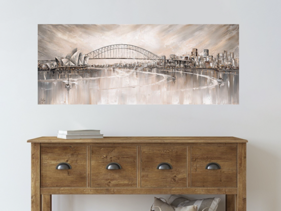 Sydney Skyline is a semi abstract painting of Sydney's City skyline and has a real serene feel to it.  It has soft and neutral tones with a hint of ochre throughout.  It is a very peaceful and calm addition to any space.