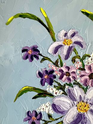 An oil painting of a turquoise vase holding soft soft pink and purple flowers.