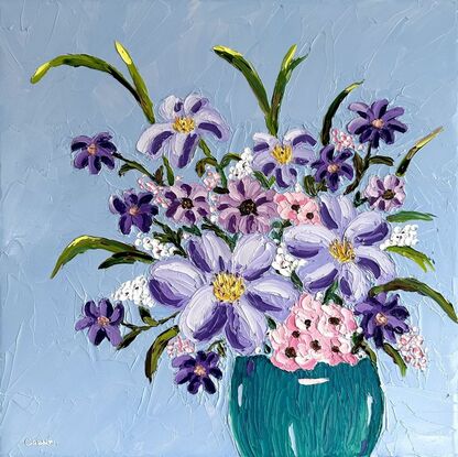 An oil painting of a turquoise vase holding soft soft pink and purple flowers.