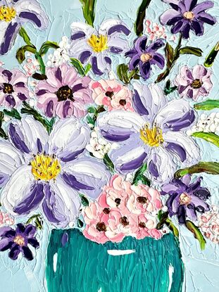 An oil painting of a turquoise vase holding soft soft pink and purple flowers.