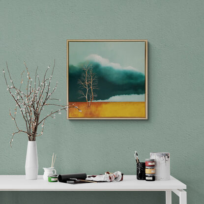 Australian landscape with dark teal sky and fields of grass, burnt orange and deep yellow grasses disappearing into the distance, a  light wood frame, lucinda Leveille, original art