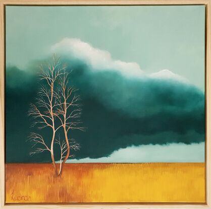 Australian landscape with dark teal sky and fields of grass, burnt orange and deep yellow grasses disappearing into the distance, a  light wood frame, lucinda Leveille, original art