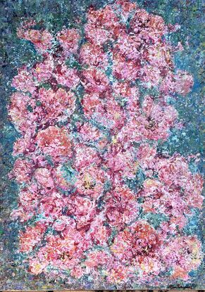 .
Textured Pink flowers, rhododendrons, cover the canvas, on a background of green/ blue. Drops of rain in pale  blue appear on the flowers, along with gold highlights showing glistening flowers in sunlight after rain.
