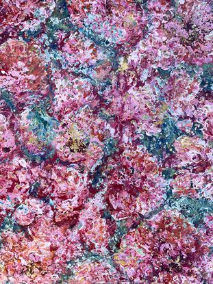 .
Textured Pink flowers, rhododendrons, cover the canvas, on a background of green/ blue. Drops of rain in pale  blue appear on the flowers, along with gold highlights showing glistening flowers in sunlight after rain.
