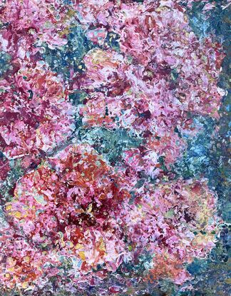 .
Textured Pink flowers, rhododendrons, cover the canvas, on a background of green/ blue. Drops of rain in pale  blue appear on the flowers, along with gold highlights showing glistening flowers in sunlight after rain.
