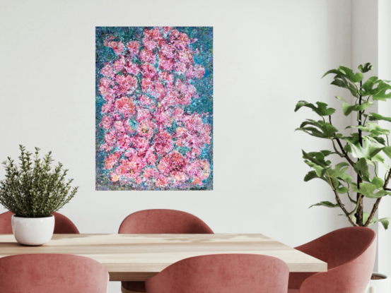 .
Textured Pink flowers, rhododendrons, cover the canvas, on a background of green/ blue. Drops of rain in pale  blue appear on the flowers, along with gold highlights showing glistening flowers in sunlight after rain.
