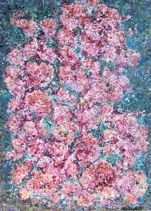 .
Textured Pink flowers, rhododendrons, cover the canvas, on a background of green/ blue. Drops of rain in pale  blue appear on the flowers, along with gold highlights showing glistening flowers in sunlight after rain.
