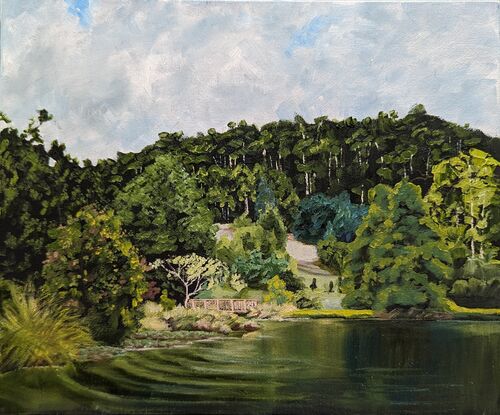 A view of Founders Lake at the Tasmanian Arboretum, Eugenana. Looking west over the lake.