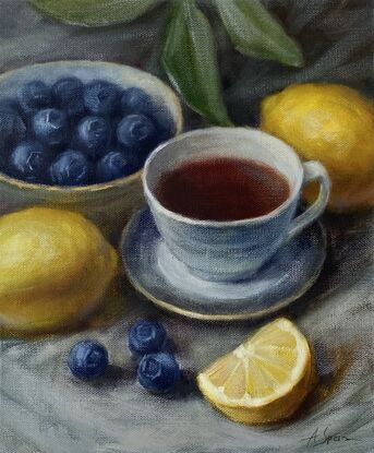 Still life with  lemons, blueberry ,  a cup of tea/coffee 