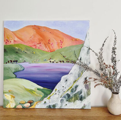 Alone captures the colours of Australia and has a unique stillness in the landscape and water. Textured with oil pastels and acrylic paint to create a magical abstract landscape. 