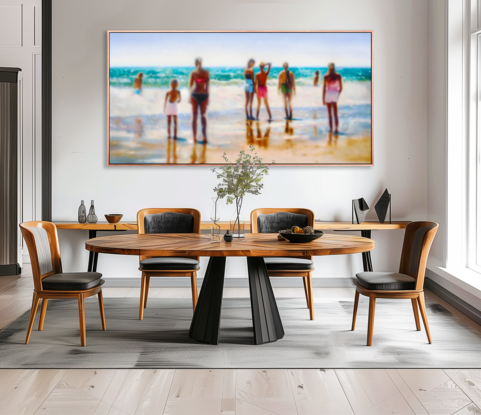 ABSTRACT impressionism of people on a warm sunny beach. the painting is blurred as one's eyes typically see long distance... however the figures and beach are clearly the subject of the painting