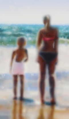 ABSTRACT impressionism of people on a warm sunny beach. the painting is blurred as one's eyes typically see long distance... however the figures and beach are clearly the subject of the painting